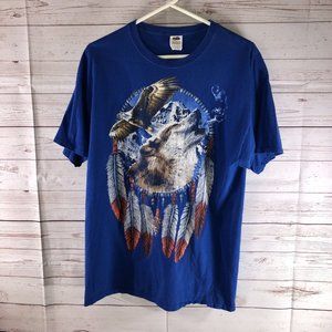 Eagle And Wolf W/ Feathers And Arrowhead Adult Size X-Large Blue Graphic T-Shirt